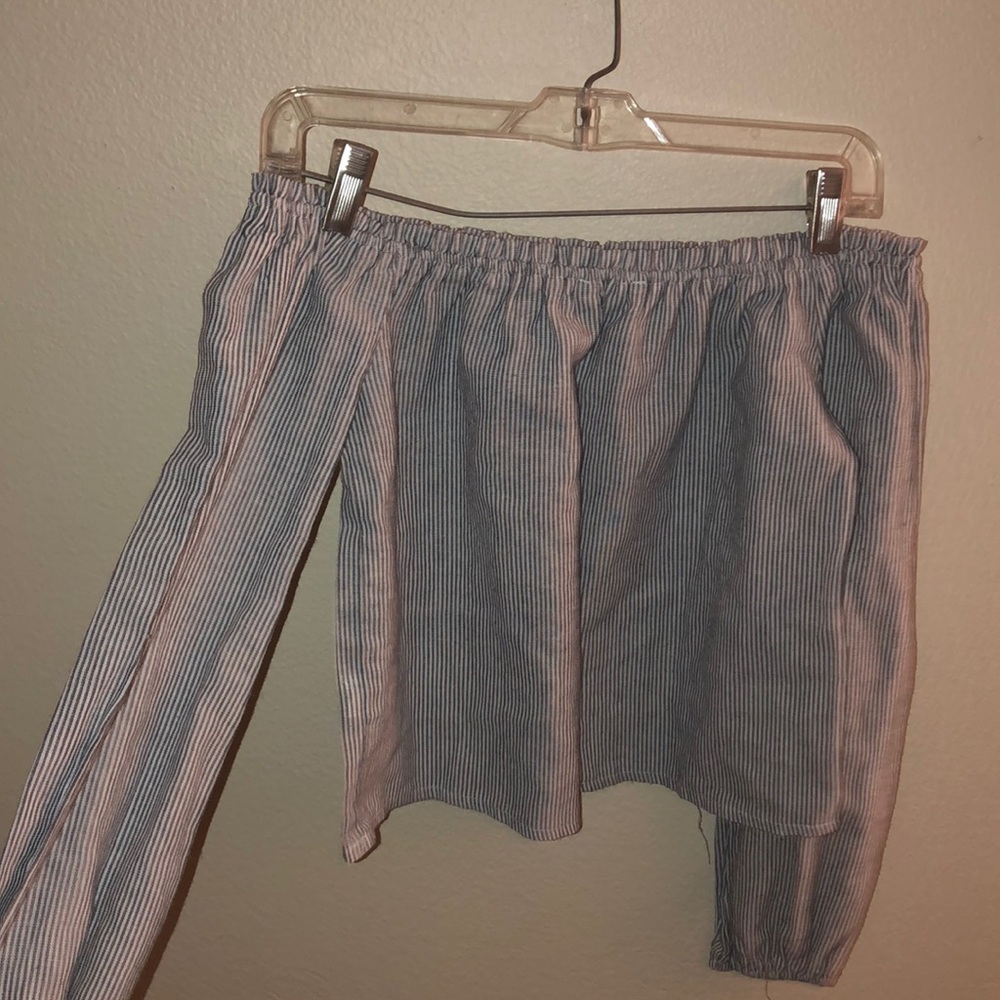 blue and white striped off the shoulder